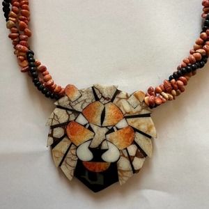 Coral And Wood Lion Pendant Necklace Mosaic Vintage